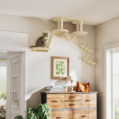 Show full view: PawHut Scratching Post, Perches & Ladder Wall Mounted Cat Wall Shelves, Beige slide 2 of 9
