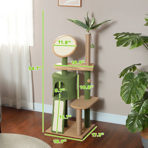 PawHut Green Leaves 55-in Plush Cat Tree & Condo, Green
