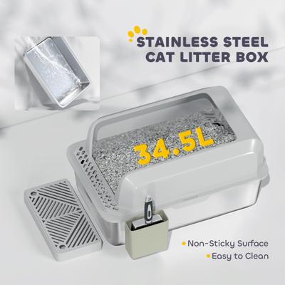 Show full view: PawHut High Sided Stainless Steel Cat Litter Box with Metal Scoop & Holder, Light Gray, 23.7-in slide 5 of 9