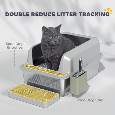 Show full view: PawHut High Sided Stainless Steel Cat Litter Box with Metal Scoop & Holder, Light Gray, 23.7-in slide 6 of 9
