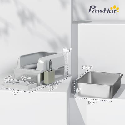 Show full view: PawHut High Sided Stainless Steel Cat Litter Box with Metal Scoop & Holder, Light Gray, 23.7-in slide 3 of 9