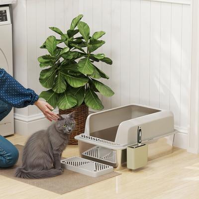 Show full view: PawHut High Sided Stainless Steel Cat Litter Box with Metal Scoop & Holder, Light Gray, 23.7-in slide 2 of 9