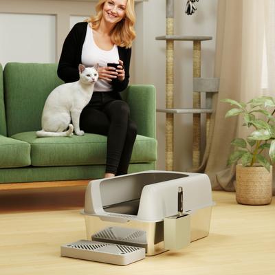 Show full view: PawHut High Sided Stainless Steel Cat Litter Box with Metal Scoop, Light Gray, 23.7-in slide 8 of 9