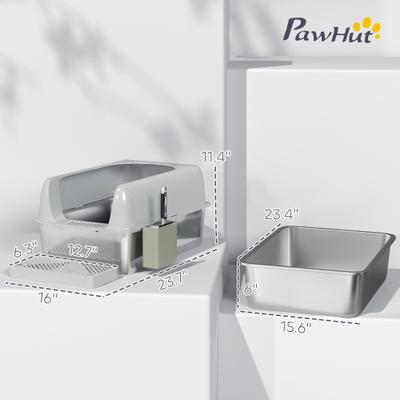 Show full view: PawHut High Sided Stainless Steel Cat Litter Box with Metal Scoop, Light Gray, 23.7-in slide 3 of 9