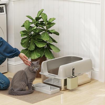 Show full view: PawHut High Sided Stainless Steel Cat Litter Box with Metal Scoop, Light Gray, 23.7-in slide 2 of 9