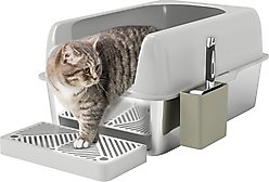 PawHut High Sided Stainless Steel Cat Litter Box with Metal Scoop, Light Gray, 23.7-in