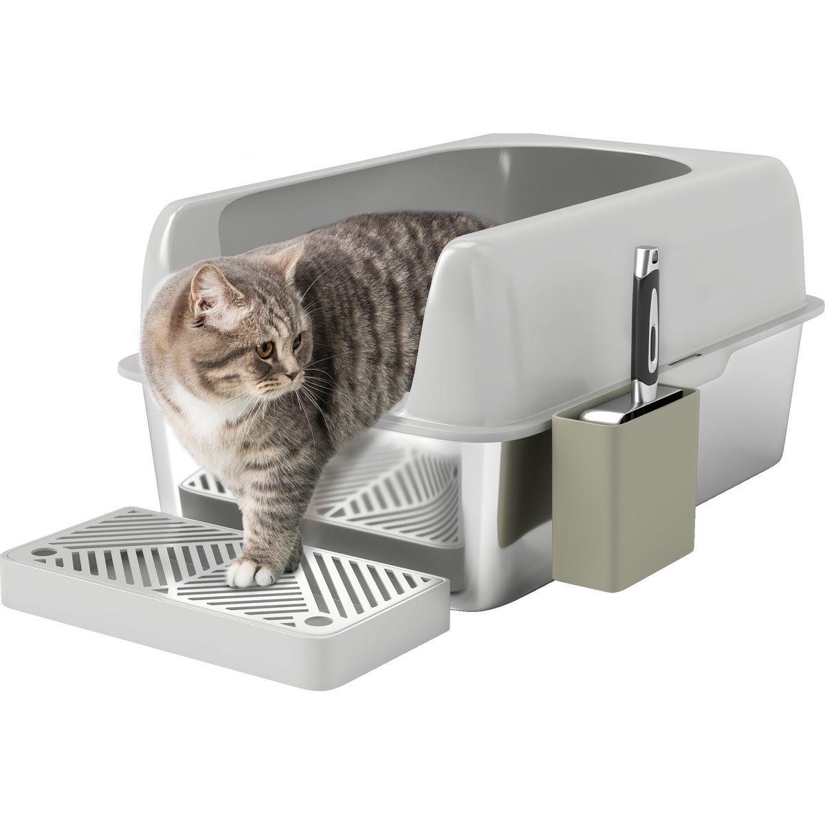 PawHut High Sided Stainless Steel Cat Litter Box with Metal Scoop, Light Gray, 23.7-in