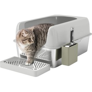 PawHut High Sided Stainless Steel Cat Litter Box with Metal Scoop, Light Gray, 23.7-in