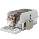 PawHut High Sided Stainless Steel Cat Litter Box with Metal Scoop, Light Gray, 23.7-in