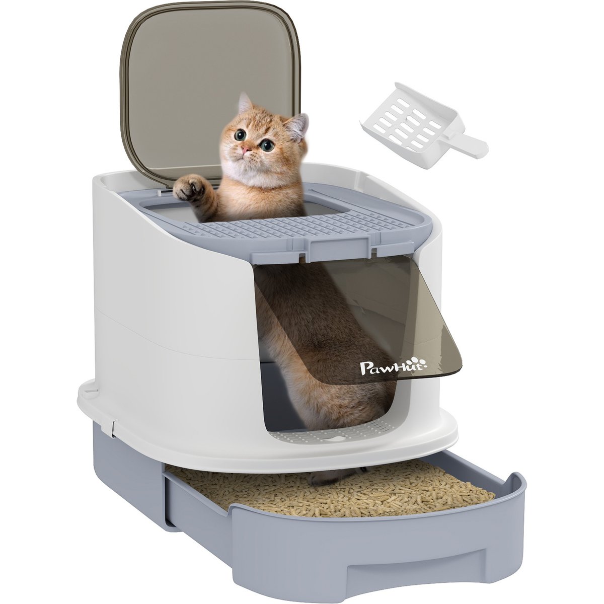 PawHut Enclosed Drawer Cat Litter Box with Scoop, Gray, 20.7-in