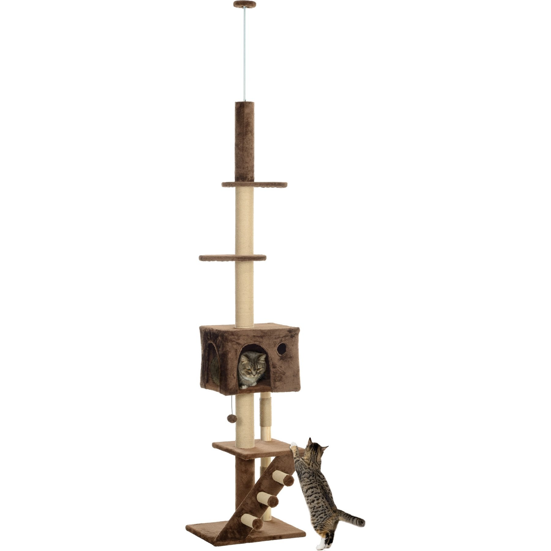 PawHut 89 to 104-in Adjustable Height Plush Floor-to-Ceiling Cat Tree & Condo, Brown