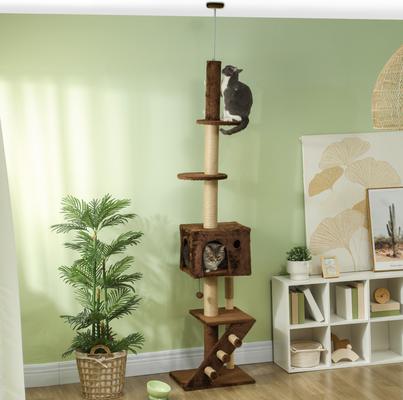 Show full view: PawHut 89 to 104-in Adjustable Height Plush Floor-to-Ceiling Cat Tree & Condo, Brown slide 2 of 9