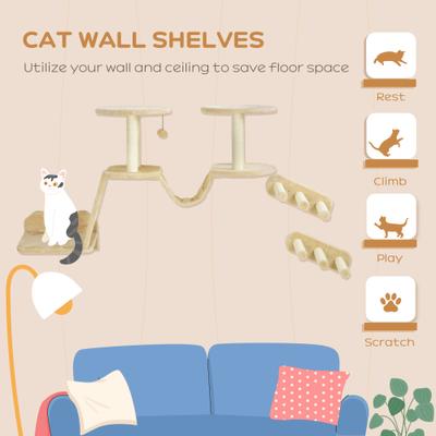 Show full view: PawHut Scratching Post, Perches & Ladder Wall Mounted Cat Wall Shelves, Beige slide 4 of 9