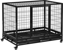PawHut Heavy Duty Double Door Lockable Wheels Dog Crate, Black, 43-in