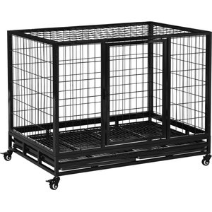 PawHut Heavy Duty Double Door Lockable Wheels Dog Crate, Black, 43-in