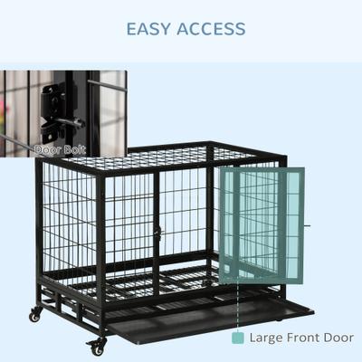 PawHut Heavy Duty Double Door Lockable Wheels Dog Crate, Black