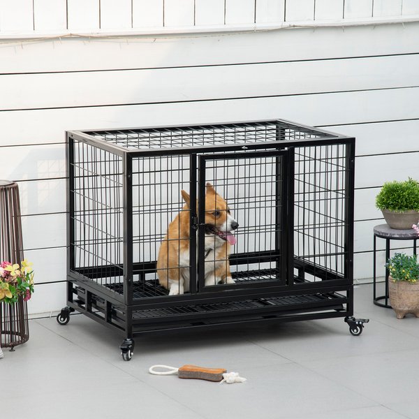 PawHut Heavy Duty Double Door Lockable Wheels Dog Crate, Black