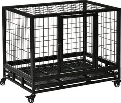 PawHut Heavy Duty Double Door Lockable Wheels Dog Crate, Black, 36-in