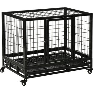 PawHut Heavy Duty Double Door Lockable Wheels Dog Crate, Black, 36-in