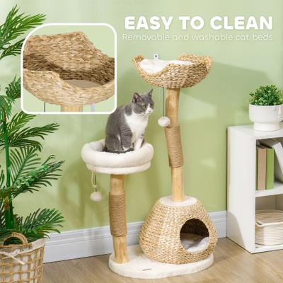 Show full view: PawHut Wooden Cat Scratching Posts 41-in Plush Cat Tree & Condo, Cream White slide 6 of 9