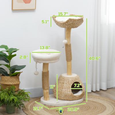 Show full view: PawHut Wooden Cat Scratching Posts 41-in Plush Cat Tree & Condo, Cream White slide 3 of 9