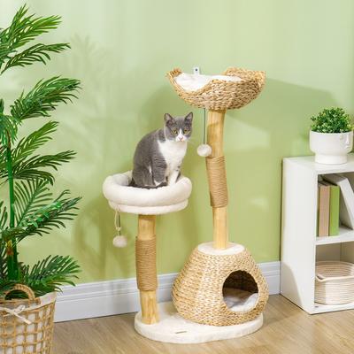Show full view: PawHut Wooden Cat Scratching Posts 41-in Plush Cat Tree & Condo, Cream White slide 2 of 9