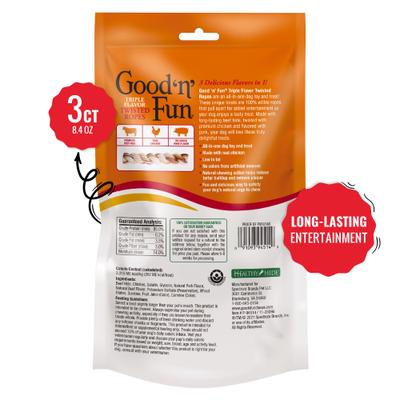 Show full view: Good 'n' Fun Triple Flavor Twist Ropes Pork, Beef & Chicken Dog Treat Chews, Large, 3 count slide 3 of 10