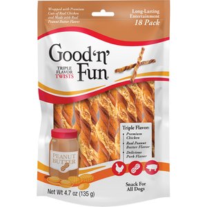 Good 'n' Fun Triple Flavor Twists Sticks Chicken, Peanut Butter & Pork Dog Treat Chew, 18 count