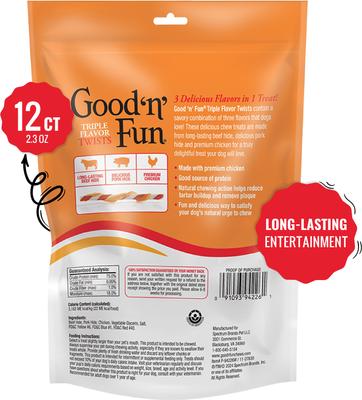 Show full view: Good 'n' Fun Triple Flavor Twist Sticks Pork, Beef & Chicken Dog Treat Chew, 12 count slide 3 of 9