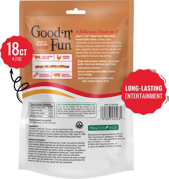 Good 'n' Fun Triple Flavor Twists Sticks Chicken, Peanut Butter & Pork Dog Treat Chew