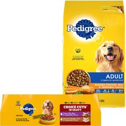 Pedigree Adult Complete Nutrition Chicken Flavor Dry Dog Food + Homestyle Meals Prime Rib, Rice & Vegetable Flavor in Gravy & Roasted Chicken, Rice & Vegetable Flavor in Gravy Canned Soft Wet Food Variety Pack