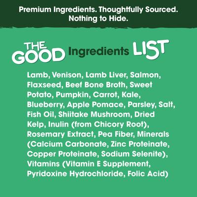 Show full view: Farmland Traditions The Good List Lamb, Venison & Bone Broth Recipe Adult Gently Air-Dried Dog Food, 16-oz bag slide 4 of 9