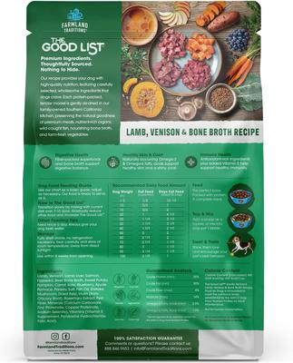 Show full view: Farmland Traditions The Good List Lamb, Venison & Bone Broth Recipe Adult Gently Air-Dried Dog Food, 16-oz bag slide 3 of 9