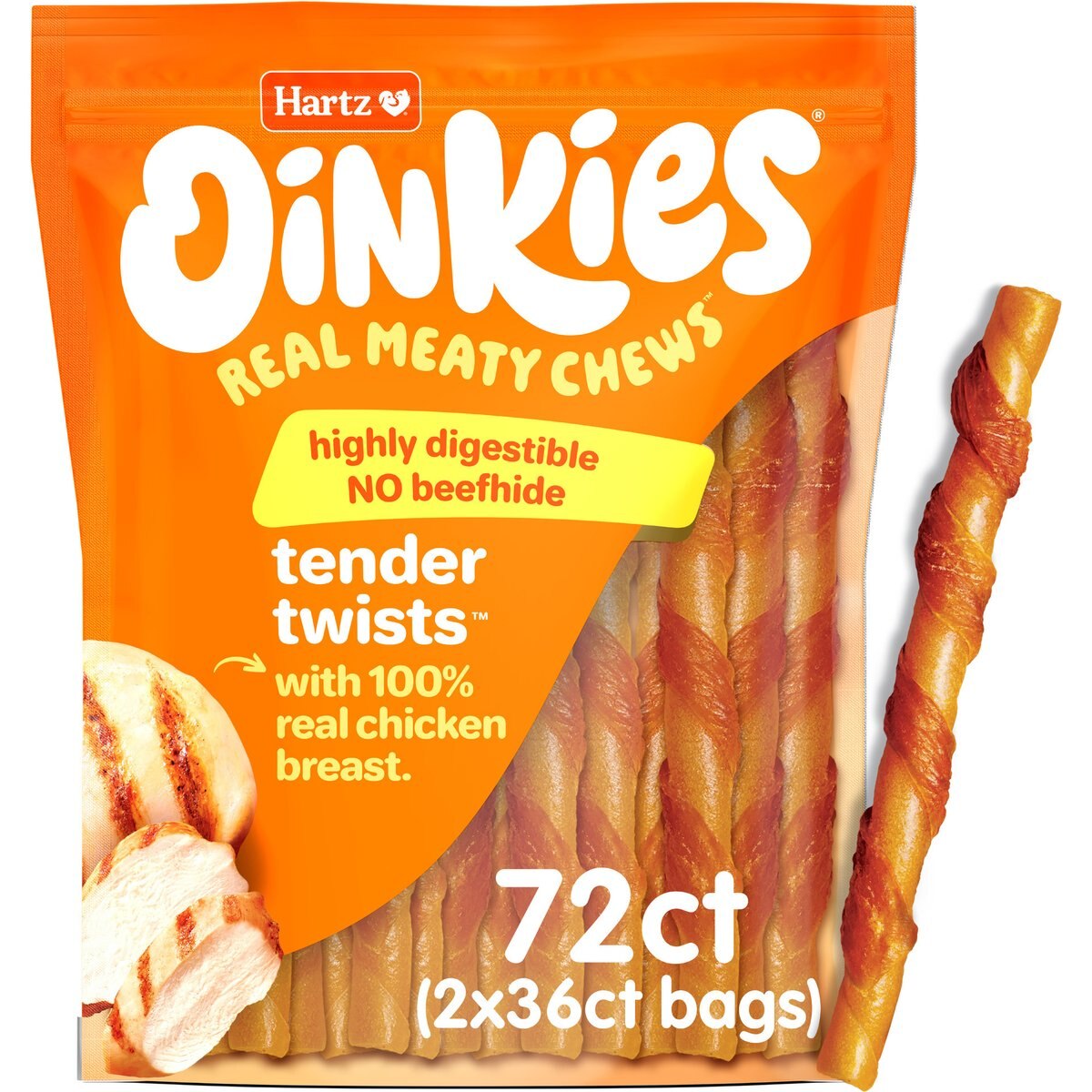 Hartz Oinkies Tender Twists Real Chicken Breast Highly Digestible Rawhide‑Free Dog Chews, 72 count