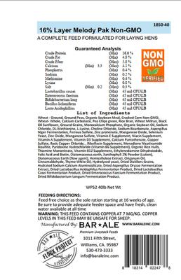 Show full view: Bar ALE Non-GMO 16% Protein Layer Melody Pak Chicken Feed, 40-lb bag slide 2 of 4