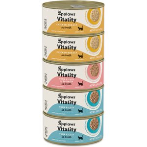 Applaws Vitality Chicken & Seafood Variety Pack Grain-Free Bits in Broth Wet Cat Food, 2.47-oz can, case of 5