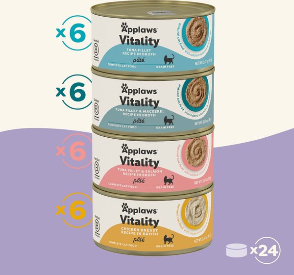Applaws Vitality Chicken & Seafood Variety Pack Grain-Free Pate Wet Cat Food, 2.47-oz can, case of 24