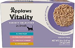 Applaws Vitality Chicken & Seafood Variety Pack Grain-Free Bits in Broth Wet Cat Food, 2.47-oz can, case of 24