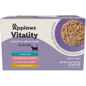 Applaws Vitality Chicken & Seafood Variety Pack Grain-Free Bits in Broth Wet Cat Food, 2.47-oz can, case of 24