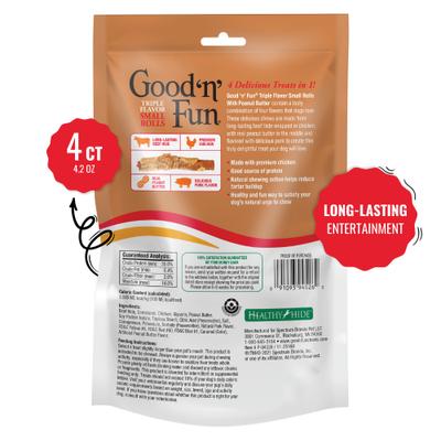 Show full view: Good 'n' Fun Chicken Wrapped Small Rolls Triple Flavor Chicken, Peanut Butter & Pork Dog Treat Chew, 4 Count slide 3 of 10