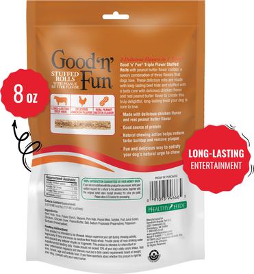 Show full view: Good 'n' Fun Stuffed Rolls Chicken, Peanut Butter & Beef Flavor Dog Treat Chew, 8-oz bag slide 3 of 11