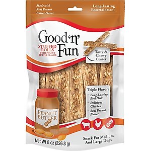 Good 'n' Fun Stuffed Rolls Chicken, Peanut Butter & Beef Flavor Dog Treat Chew, 8-oz bag