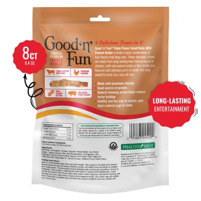 Show full view: Good 'n' Fun Chicken Wrapped Small Rolls Triple Flavor Chicken, Peanut Butter & Pork Dog Treat Chew, 8 Count slide 3 of 10