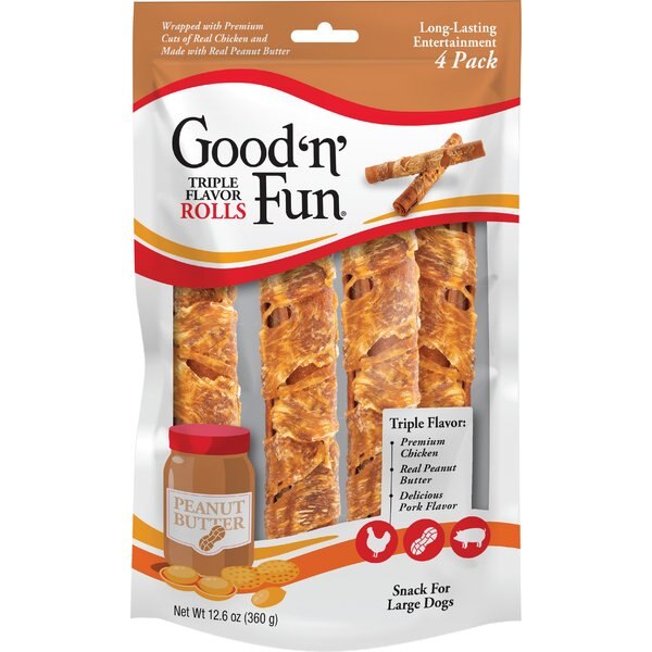 Good 'n' Fun Chicken Wrapped Large Rolls Triple Flavor Chicken, Peanut Butter & Pork Dog Treat Chew