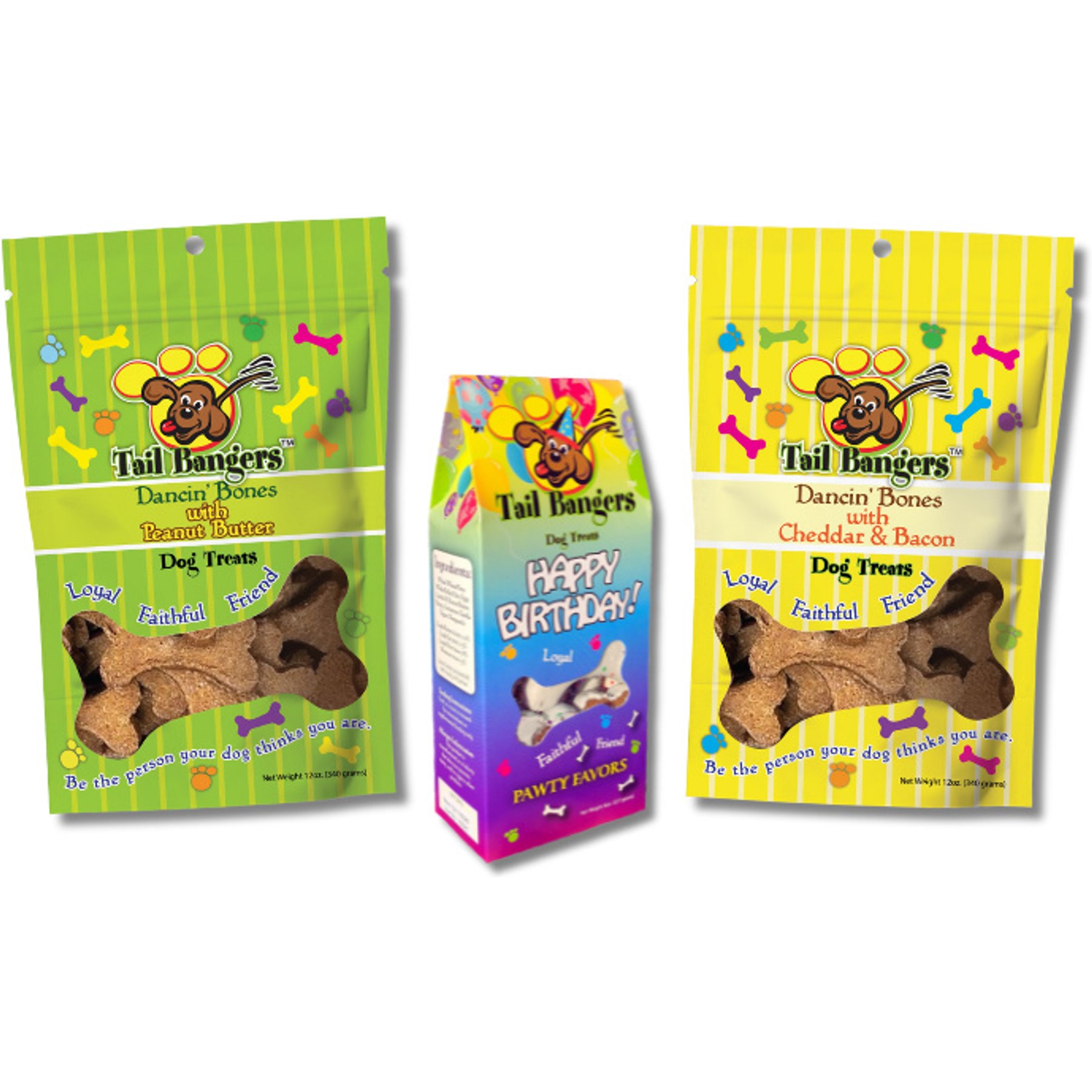 Tail Bangers Happy Birthday Variety Pack Peanut Butter, Peanut Butter with Yogurt, Cheddar & Bacon Crunchy Dog Treats, 3 count