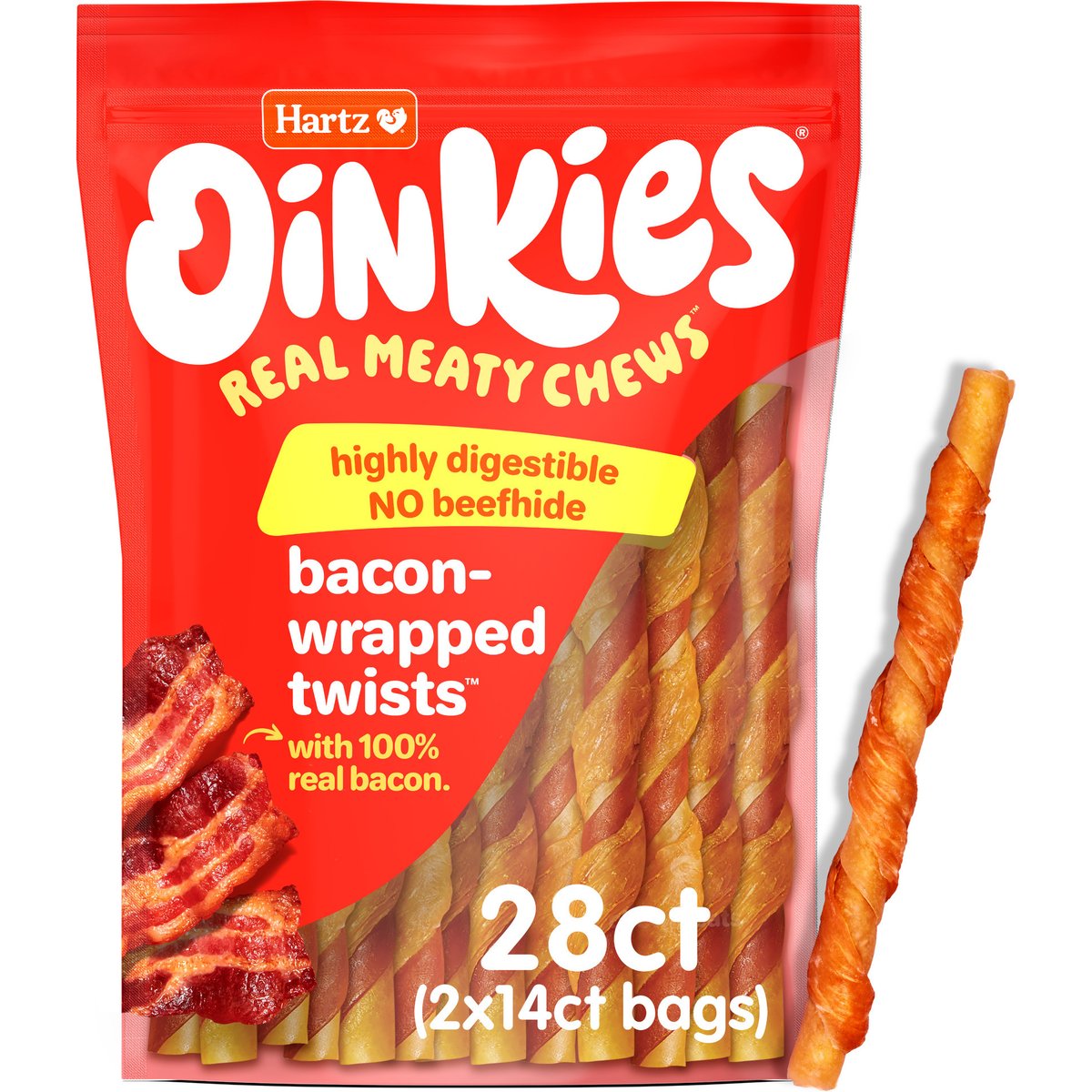 Hartz Oinkies Bacon-Wrapped Twists with 100% Real Bacon Rawhide-Free Natural Dog Treats, 28 count