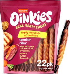 Hartz Oinkies Tender Ribs with 100% Real Chicken & Duck Veggies & Peanut Butter Flavored Rawhide-Free Natural Dog Treats, 22 count