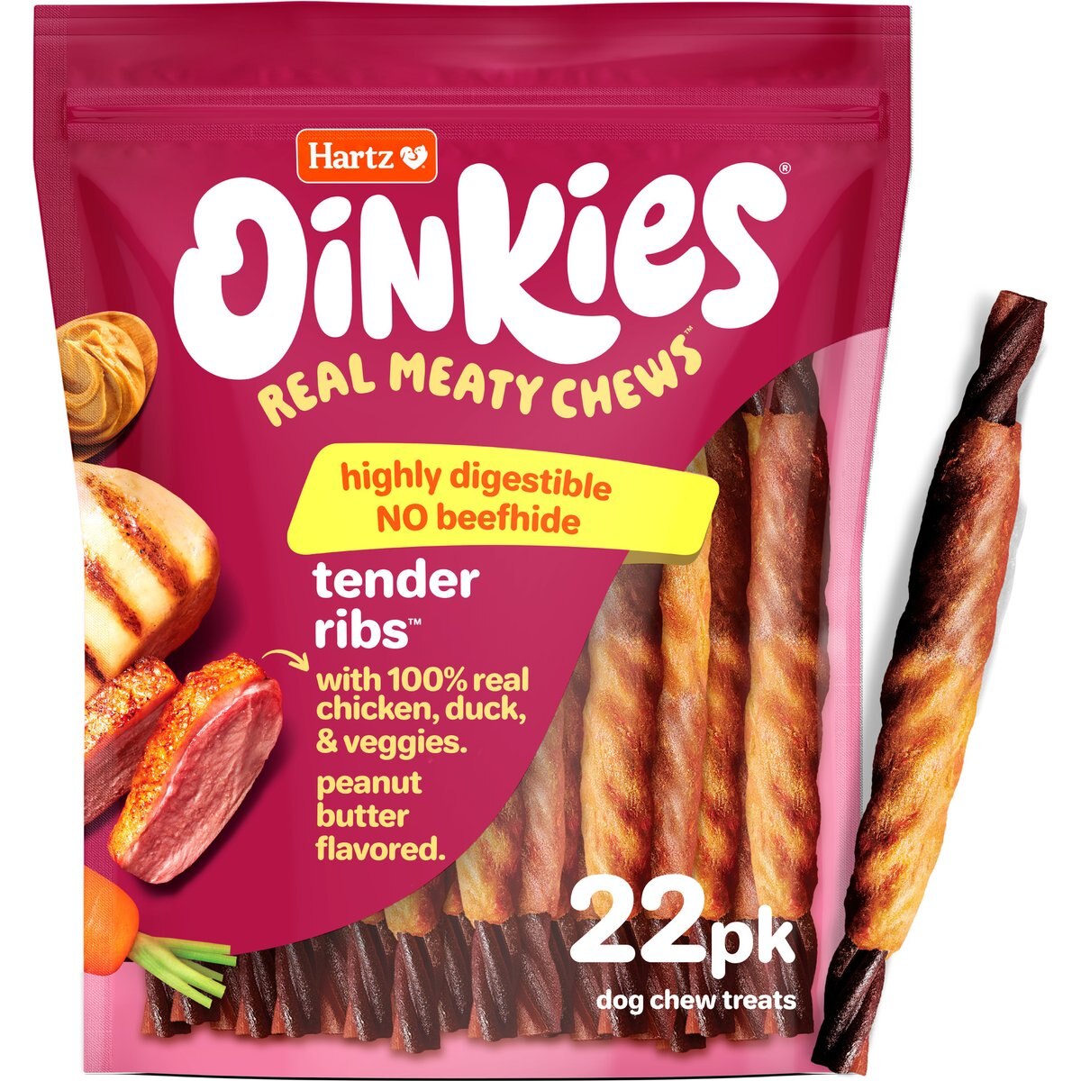 Hartz Oinkies Tender Ribs with 100% Real Chicken & Duck Veggies & Peanut Butter Flavored Rawhide-Free Natural Dog Treats, 22 count