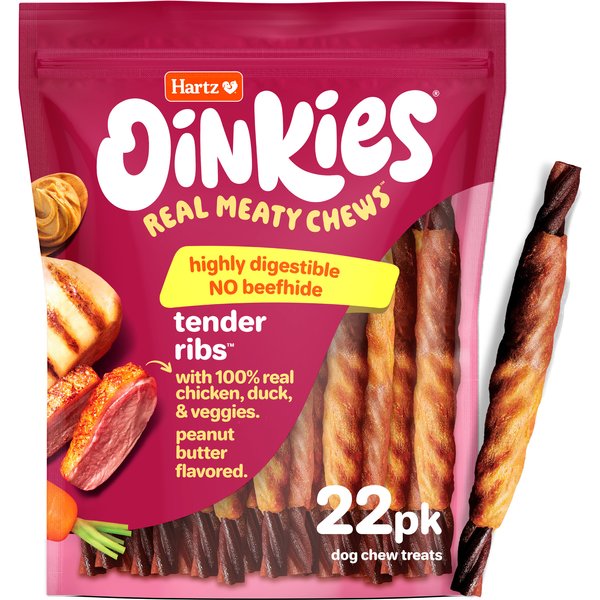 Hartz Oinkies Tender Ribs with 100% Real Chicken & Duck Veggies & Peanut Butter Flavored Rawhide-Free Natural Dog Treats, 22 count