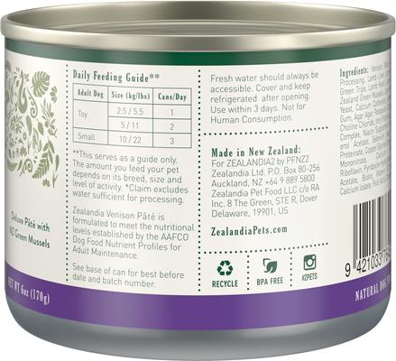 Show full view: Zealandia Adult Grain-Free Venison Pate Canned Dog Food, 6-oz can, case of 24 slide 4 of 7